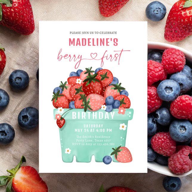 Convite Berry Sweet Strawberry Blueberry Primeiro Aniversá (Criador carregado)