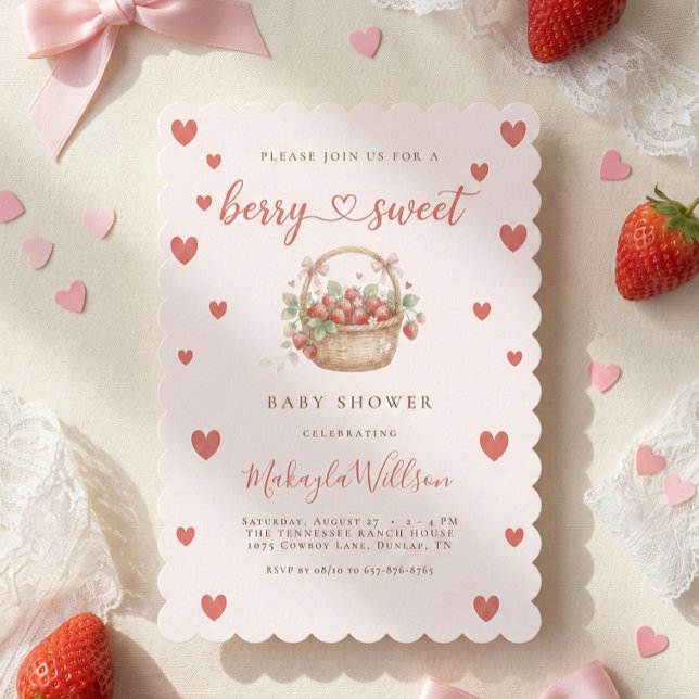 Convite Berry Sweet Strawberry Coquette Hearts Baby shower (Criador carregado)