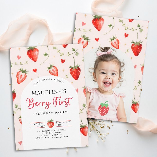 Convite Berry Sweet Strawberry Cute Photo 1st Birthday (berry first birthday party photo invitation girls strawberry 1st watercolor summer farmhouse patch)