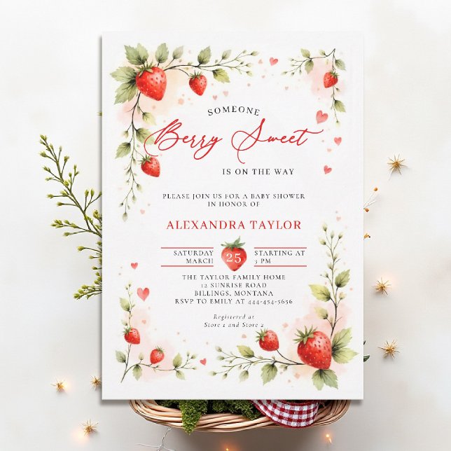 Convite Berry Sweet Strawberry Garden Summer Baby Shower (berry sweet baby shower invitation fruit strawberry theme art watercolor garden farmhouse)