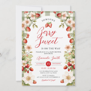 Convite Berry Sweet Strawberry Gingham Floral Chá de frald