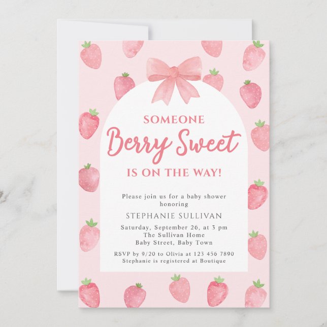 Convite Berry Sweet Strawberry Girl Baby Shower  (Frente)
