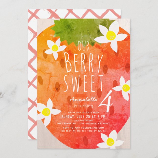 Convite Berry Sweet Strawberry Girl Birthday (Frente/Verso)