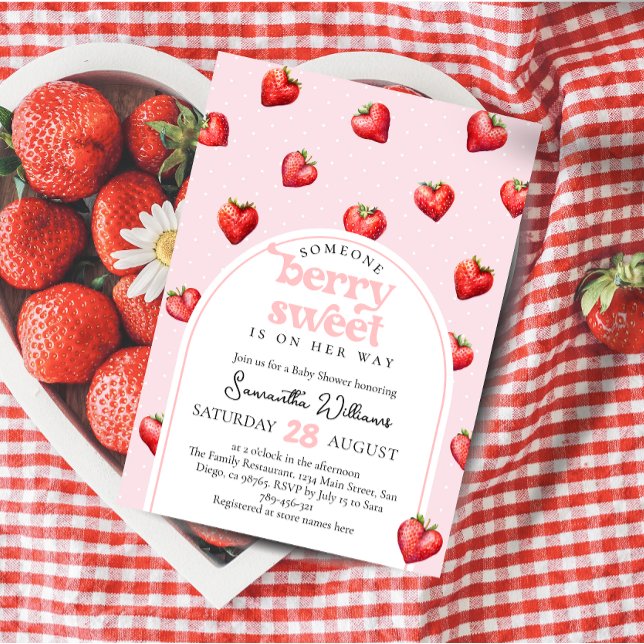 Convite Berry Sweet Strawberry Heart Girl Chá de fraldas (Criador carregado)