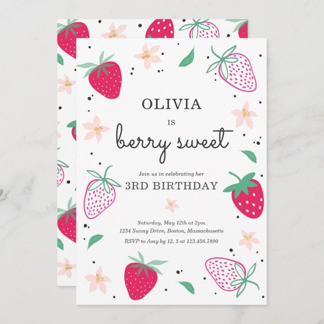 Convite Berry Sweet Strawberry Party Birthday (Frente/Verso)