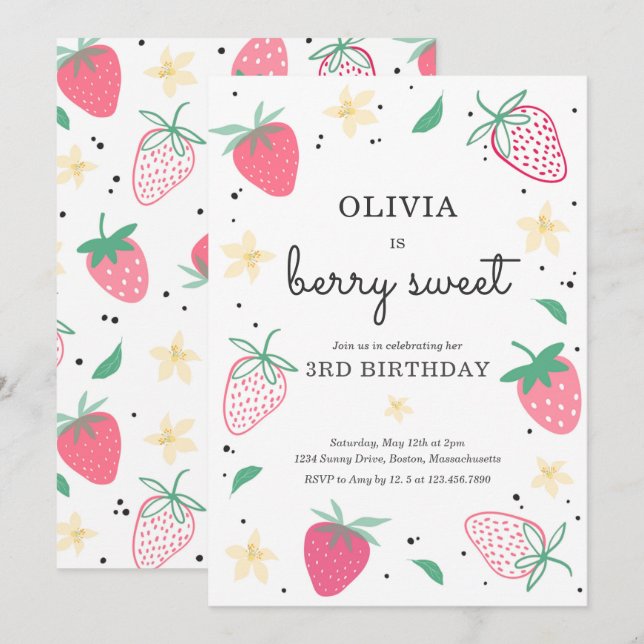 Convite Berry Sweet Strawberry Party Birthday (Frente/Verso)