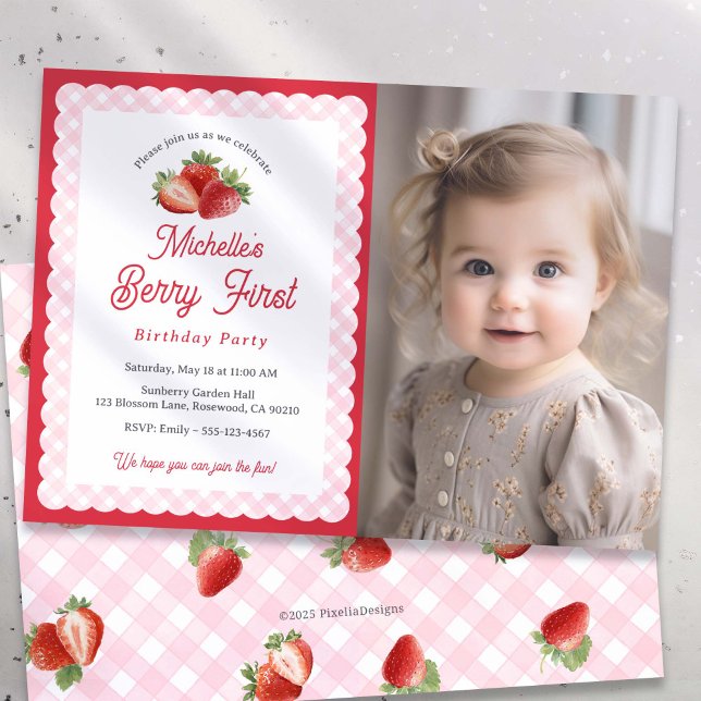 Convite Berry Sweet-Strawberry Pink Gingham Photo (Berry first photo invitation.)