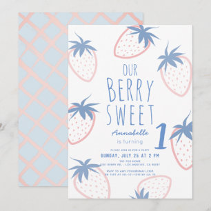 Convite Berry Sweet Strawberry Pink White primeiro anivers