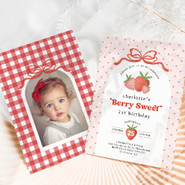 Convite Berry Sweet Strawberry Red Bow Birthday Photo