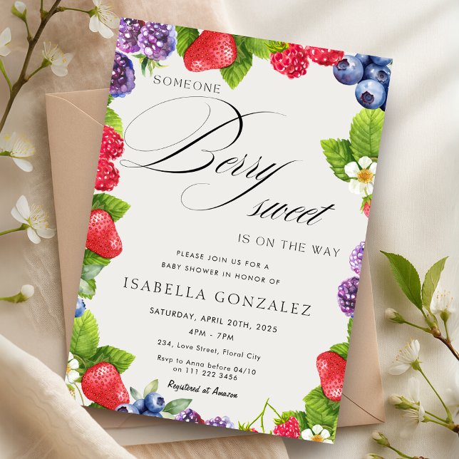 Convite Berry Sweet Strawberry Wilries Chá de fraldas (Berry Sweet Strawberry Wild Berries Baby Shower Invitation)