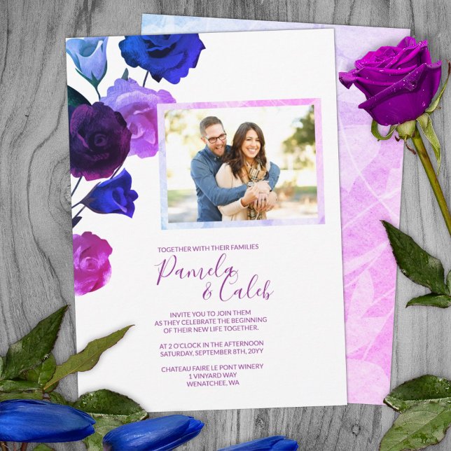 Convite Berry Violet, Royal Blue, Casamento de Rosas Rosa (Purple pink blue wine red wedding bouquet garden wedding summer botanical wedding invitations berry)