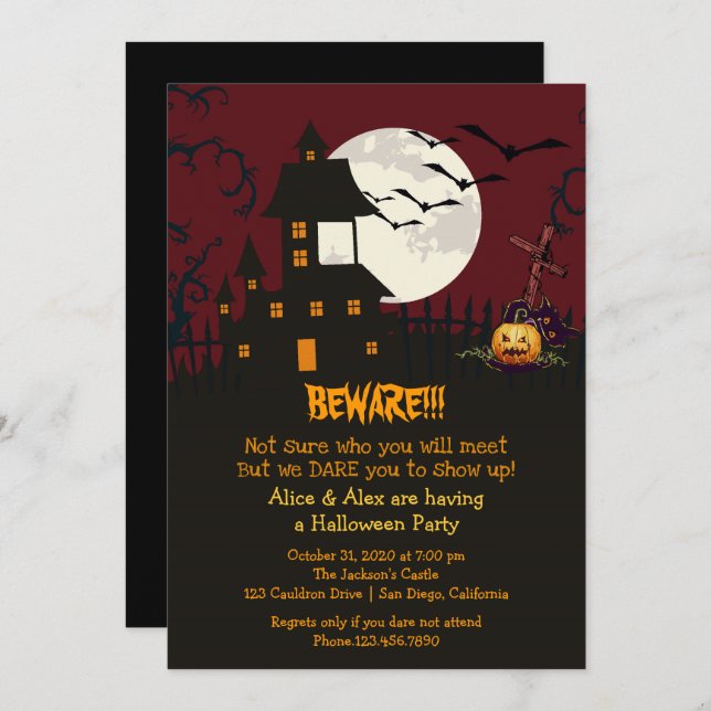 Convite Beware Hauned House Halloween Party (Frente/Verso)