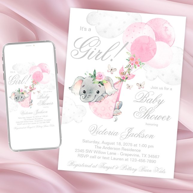 Convite Bexiga Rosa Elefante Balões Borboleta Chá de Bebê (Sweet girl elephant baby shower invitations. Instant download and printed invitations available.)