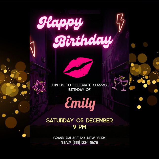 Convite Bff Birthday Neon Light Lábios Mulheres Meninas (Neon Light Birthday Lips Women Bff Girls Invitation)