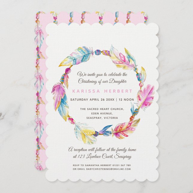 Convite Bho feather miçanga aquarela cor rosa batizada (Frente/Verso)
