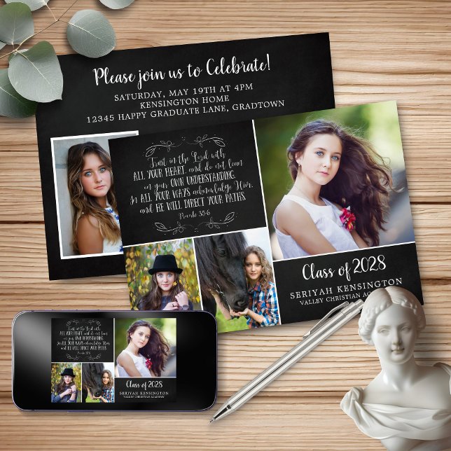 Convite Bíblia de Graduação Cristã Rústica Foto Versa (Rustic Christian Graduation Bible Verse Photo Invitation with Digital Download Option)