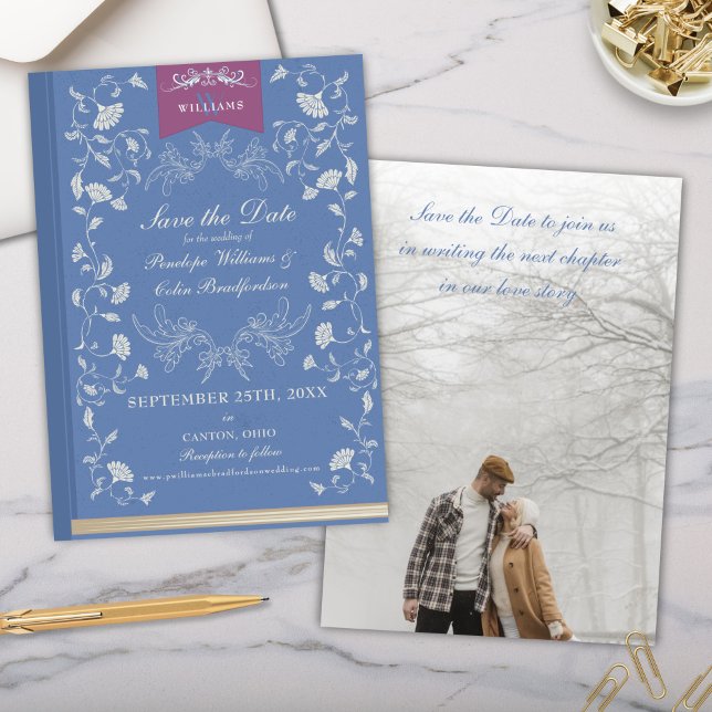 Convite Biblioteca Azul Elegante Casamento Salve a Data (Elegant Periwinkle Light Blue Vintage Library Book Cover Theme Wedding Save the Date Invitation)