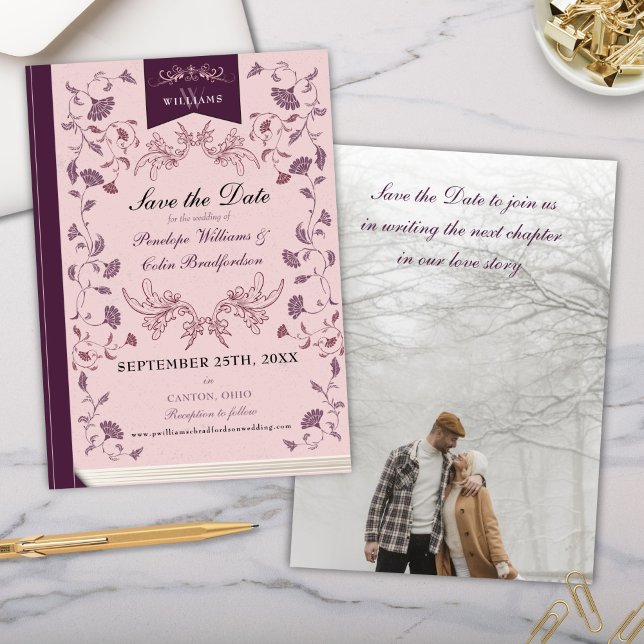 Convite Biblioteca Floral Rosa Elegante Casamento Salve a  (Elegant Pink and Plum Victorian Library Book Cover Wedding Save the Date Invitation Card with Photo)