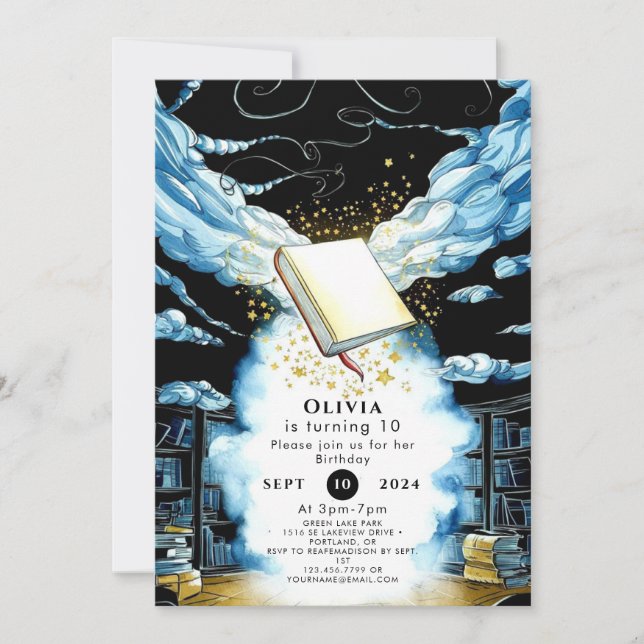 Convite Biblioteca Mágica Diversão de Storybook Aniversári (Frente)