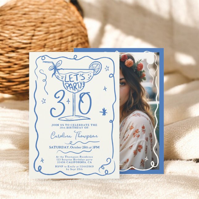 Convite Bicho azul quirky com rabiscos brancos 30 anos (Boho blue quirky whimsical scribbles 30 birthday invitation)