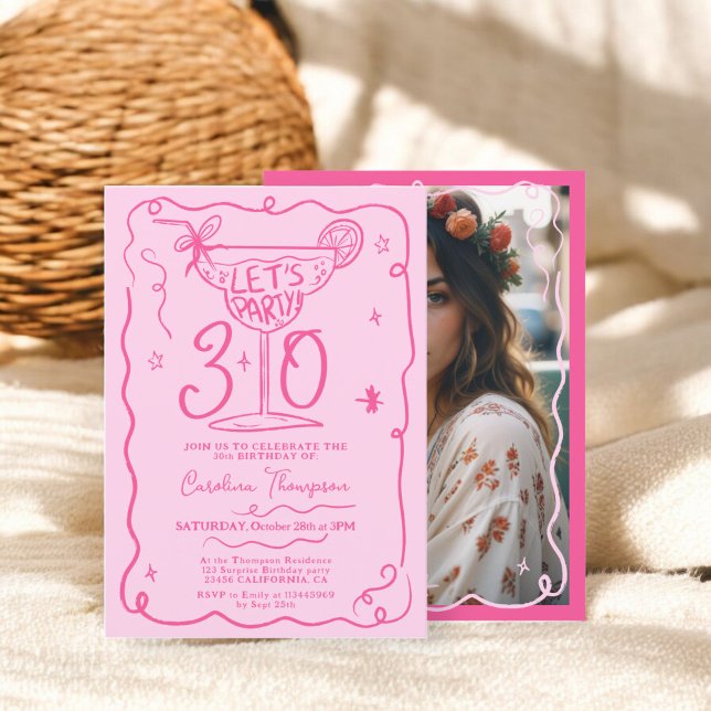 Convite Bicho branco rosado e esquisito, 30 anos (Boho pink quirky whimsical scribbles 30 birthday invitation)