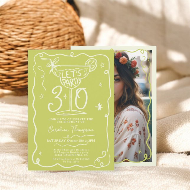 Convite Bicho verde quirky com rabiscos brancos 30 anos (Boho green quirky whimsical scribbles 30 birthday invitation)
