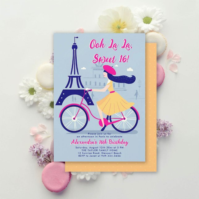 Convite Bicicleta Paris Eiffel Ooh La Blue Yellow Sweet 16 (paris sweet 16 sixteen invitation bike bicycle fashion dress eiffel calligraphy blue yellow hot pink)