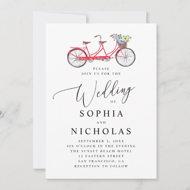 Convite Bicicleta tandem retrô. Casamento com letra elegan (Frente)