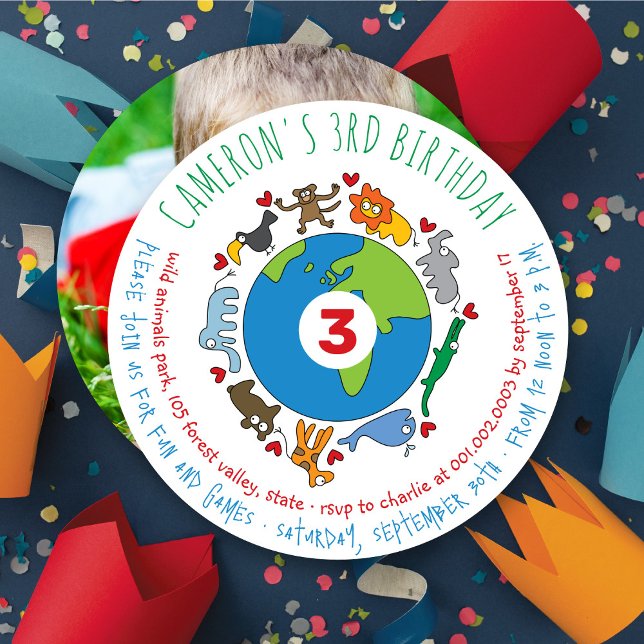 Convite Bicicletas de Cartoon da Paz e do Amor do Mundo (Peace And Love Cute Cartoon Animals of The World, Photo Kid's Birthday Party Invitation @ fat_fa_tin)