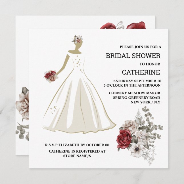 Convite Bico floral de rosa vermelha de vestido branco (Frente/Verso)