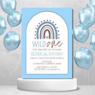 Convite Bico selvagem Um Bô Arco-Íris Azul Aniversário 1 r