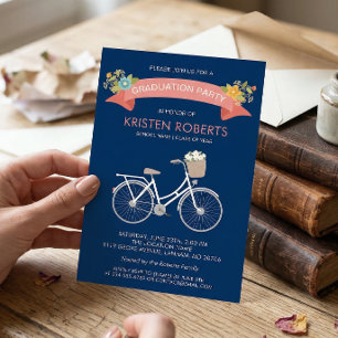 Convite Bicycle Floral Navy Blue Girly Graduation Party