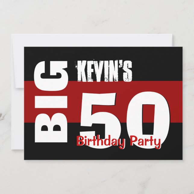 Convite Big 50 Birthday Modern Red Black W1709 (Frente)