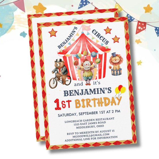 Convite Big Top Circus Carnival Boy 1st Birthday  (Criador carregado)