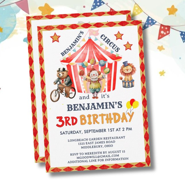 Convite Big Top Circus Carnival Boy 3rd Birthday  (Criador carregado)