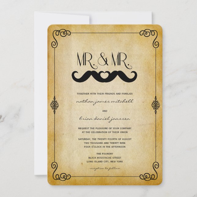 Convite Bigode Amor Sr. & Sr. Casamento Gay em Papel Vinta (Frente)