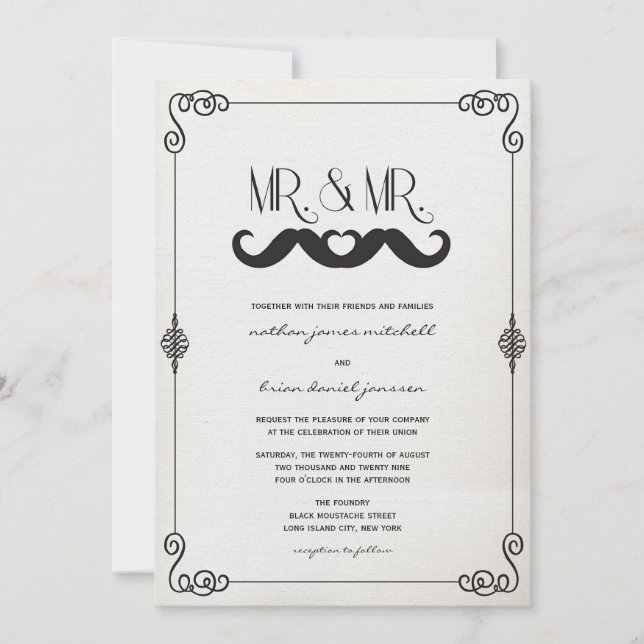 Convite Bigode Amor Sr. & Sr. Casamento Gay em Papel Vinta (Frente)