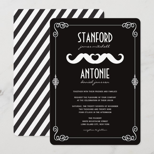 Convite Bigodes Duplos Amam Casamento Gay Clássico Vintage (Frente/Verso)