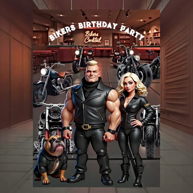 Convite Bikers Bar Birthday Party Couple Bulldog Bikes (Criador carregado)