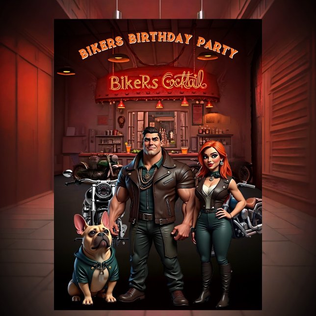 Convite Bikers Bar Birthday Party Couple Muscle Bulldog  (Criador carregado)