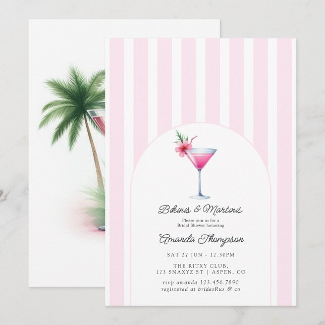 Convite Bikinis Cor-de-Rosa e Martinis Chá de Noiva Tropic (Frente/Verso)
