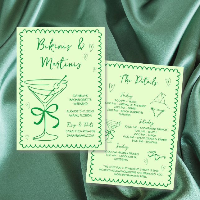 Convite Bikinis Desenhado Mão e Bachelorette Verde Martini (Hand Drawn Bikinis & Martinis Bachelorette Weekend Invitation weekend itinerary green)