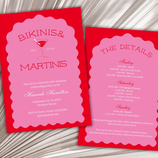 Convite Bikinis E Martinis Bold Rosa E Bachelorette Vermel (Bikinis And Martinis Bold Pink & Red Bachelorette Invitation)
