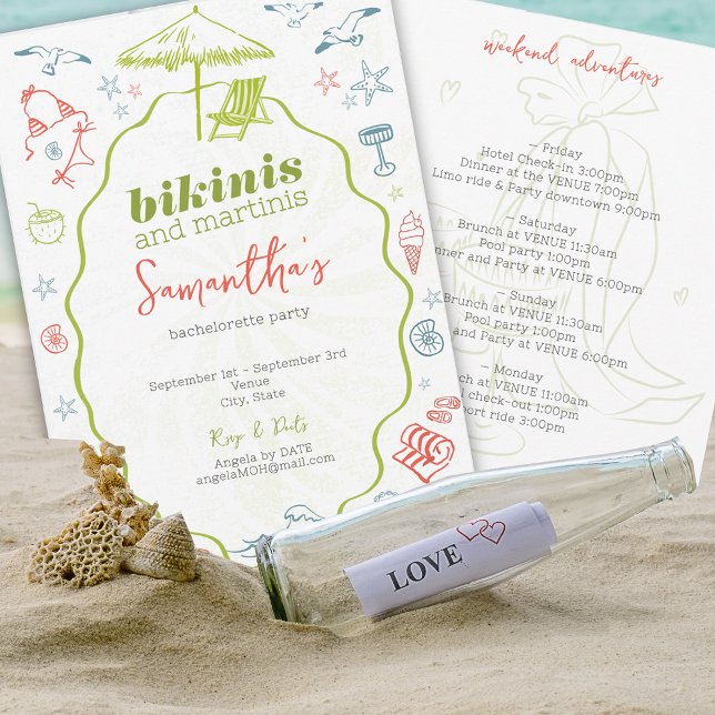 Convite Bikinis & Martinis 2 Hand Drawn Beach Bachelorette (Bikinis Martinis Tropical Island Destination Hand Drawn Beach Bachelorette Girls Weekend Invitation)