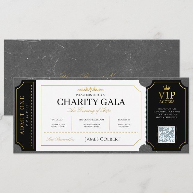 Convite Bilhete de Admissão para Gala de Caridade de Ouro  (Frente/Verso)