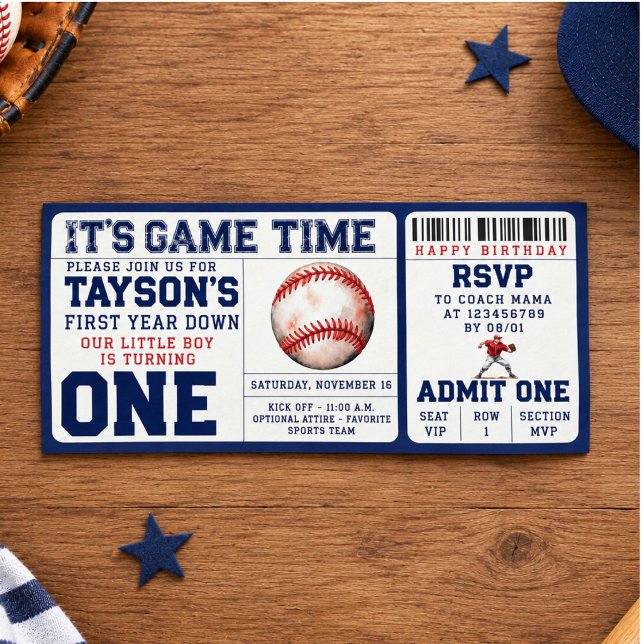 Convite Bilhete de Aniversário de 1º Ano "First Year Down" (Baseball "First Year Down" 1st Birthday Ticket Invitation)