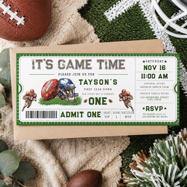 Convite Bilhete de Aniversário de 1º Ano Futebol Primeiro  (Football First Year Down 1st Birthday Ticket Invitation
)
