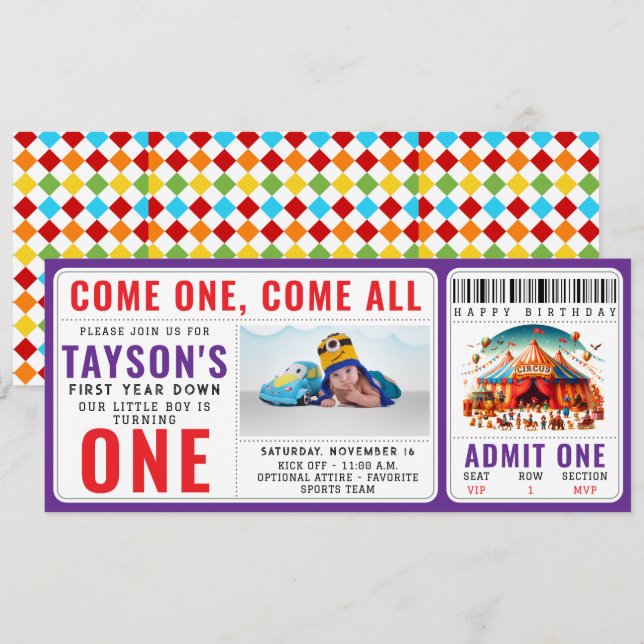 Convite Bilhete de Aniversário de 1 Ano do Circo Carnaval  (Frente/Verso)