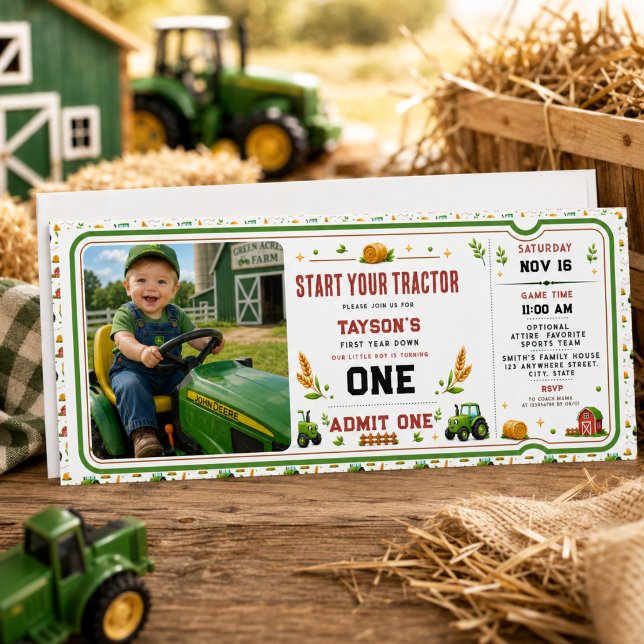 Convite Bilhete de Aniversário de 1 Ano Fazenda Trator Ver (Rustic Green Tractor Farm 1st Birthday Ticket Invitation
)