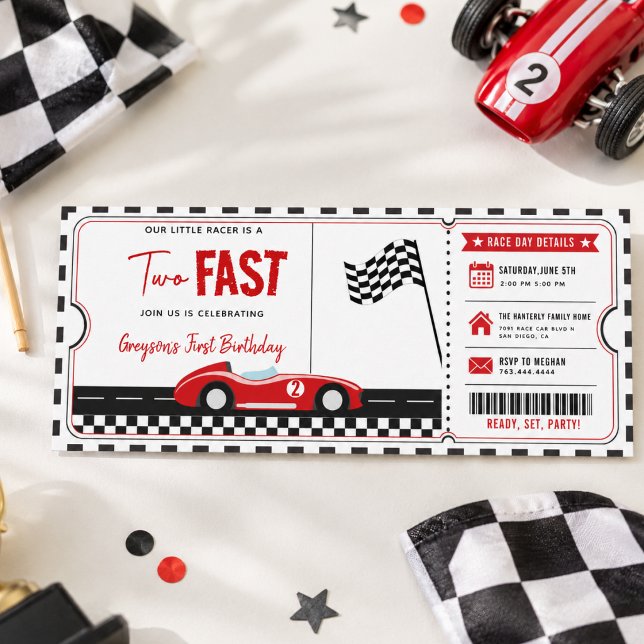 Convite Bilhete de Aniversário de 2 Anos do Menino de Carr (Two Fast Race Car Boy 2nd Birthday Party Ticket Invitation
)